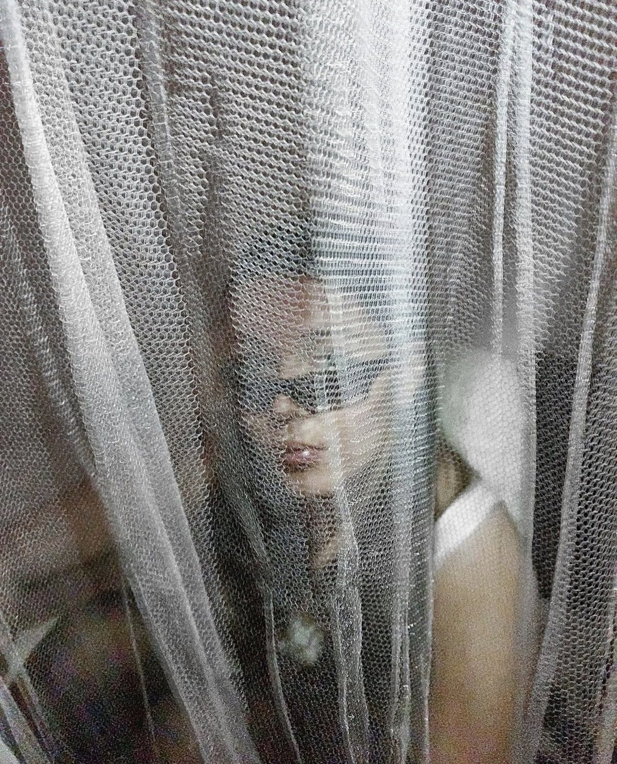 A figure standing behind gathered layers of fine tulle, face and shoulder softened by the mesh